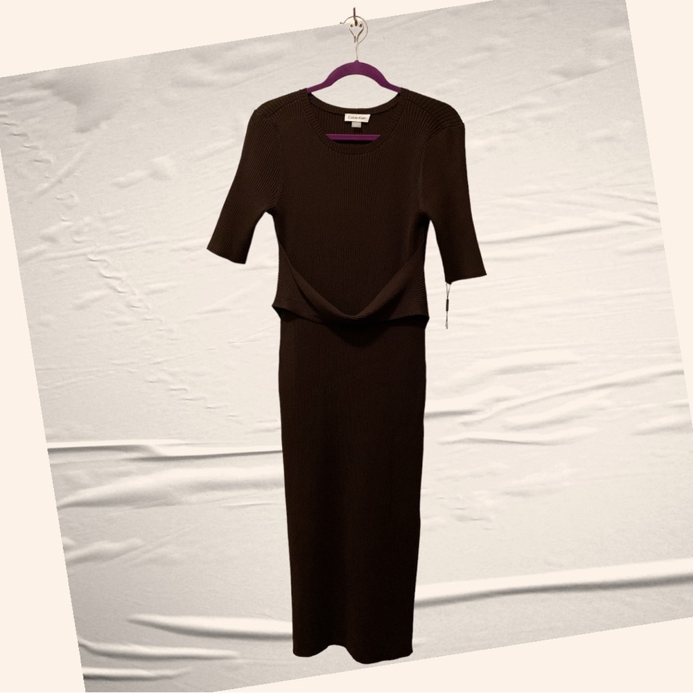 Calvin Klein Chocolate Brown Ribbed Short-Sleeved Dress w/Back Side Slit, Medium